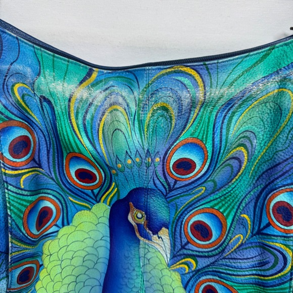 Anuschka Hand-Painted Leather Shoulder Bag Peacock Feathers Blue Green Purse - Picture 8 of 16